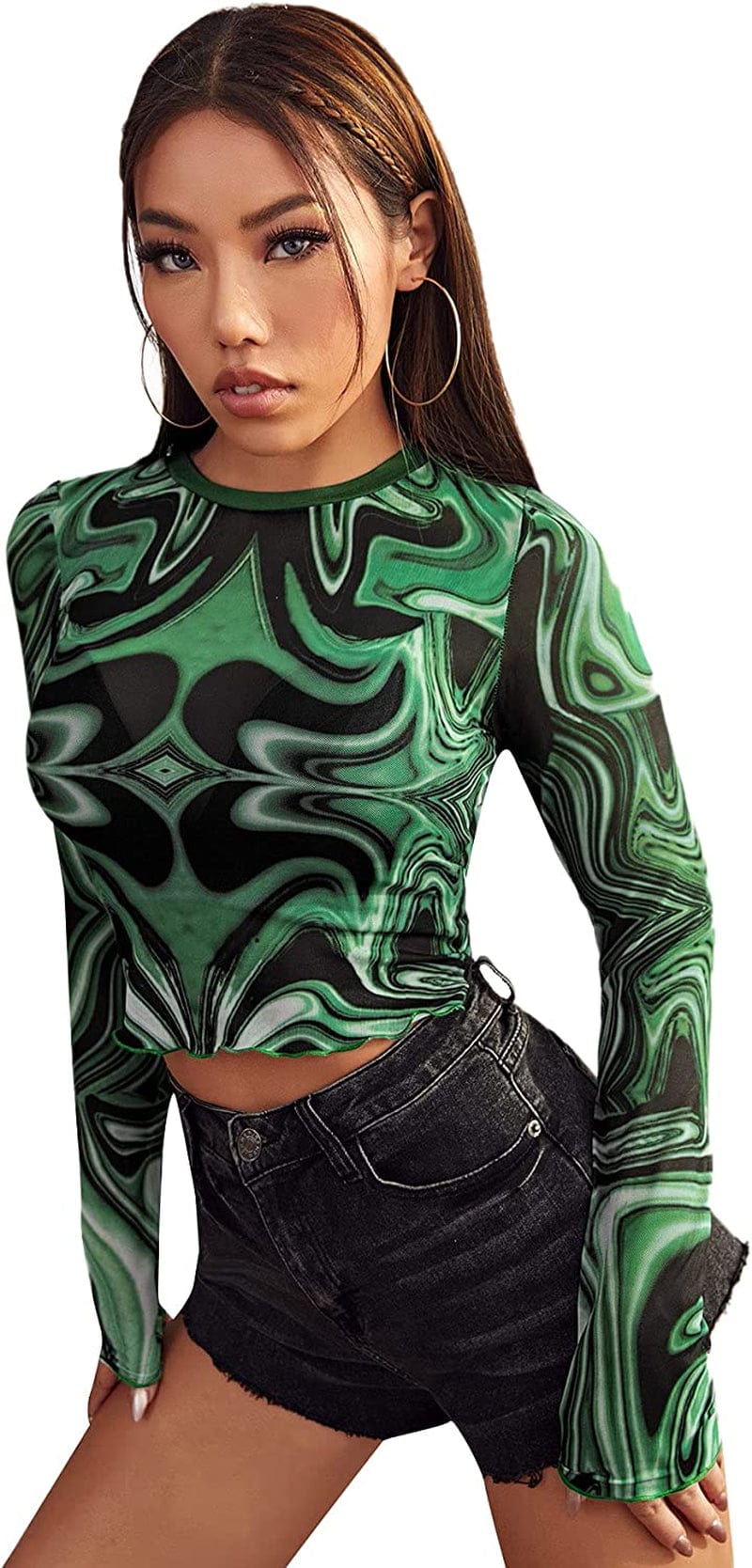 SOLY HUX Women'S See through Tops Floral Print Long Sleeve Tee Lettuce Trim Sexy Sheer Mesh Crop Top T Shirts Multicoloured Green / X-Large