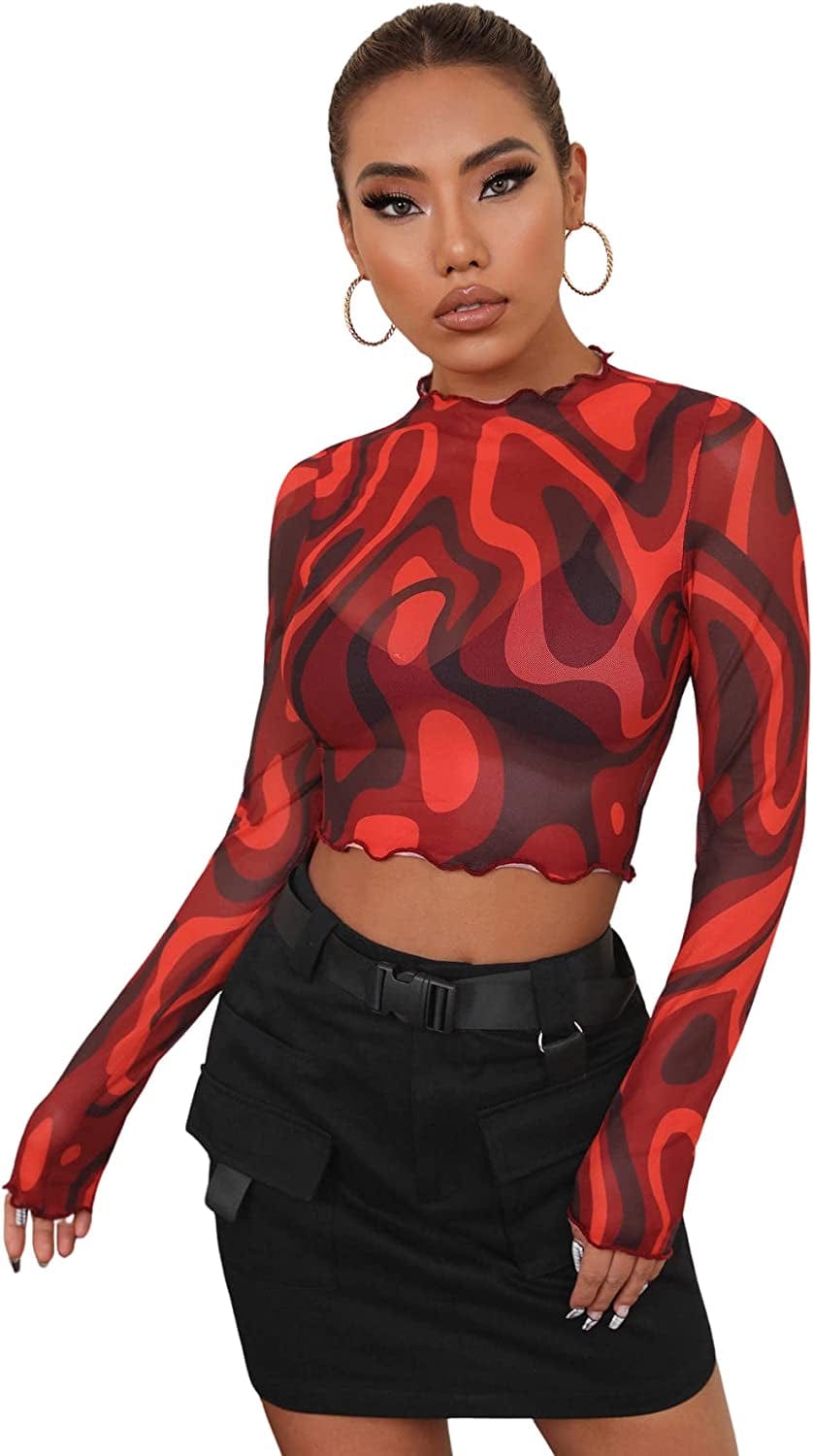 SOLY HUX Women'S See through Tops Floral Print Long Sleeve Tee Lettuce Trim Sexy Sheer Mesh Crop Top T Shirts Red Marble / X-Large