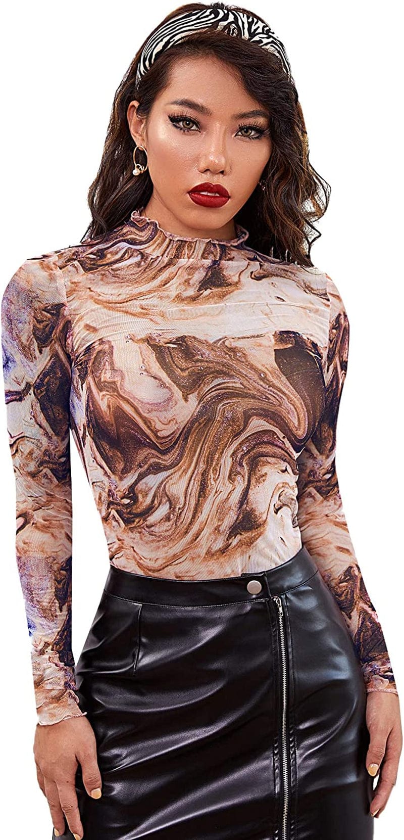 SOLY HUX Women'S See through Tops Floral Print Long Sleeve Tee Lettuce Trim Sexy Sheer Mesh Crop Top T Shirts Multicoloured-1 / X-Large