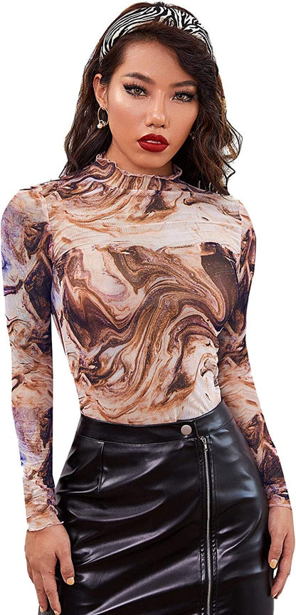SOLY HUX Women'S See through Tops Floral Print Long Sleeve Tee Lettuce Trim Sexy Sheer Mesh Crop Top T Shirts Multicoloured-1 / X-Large