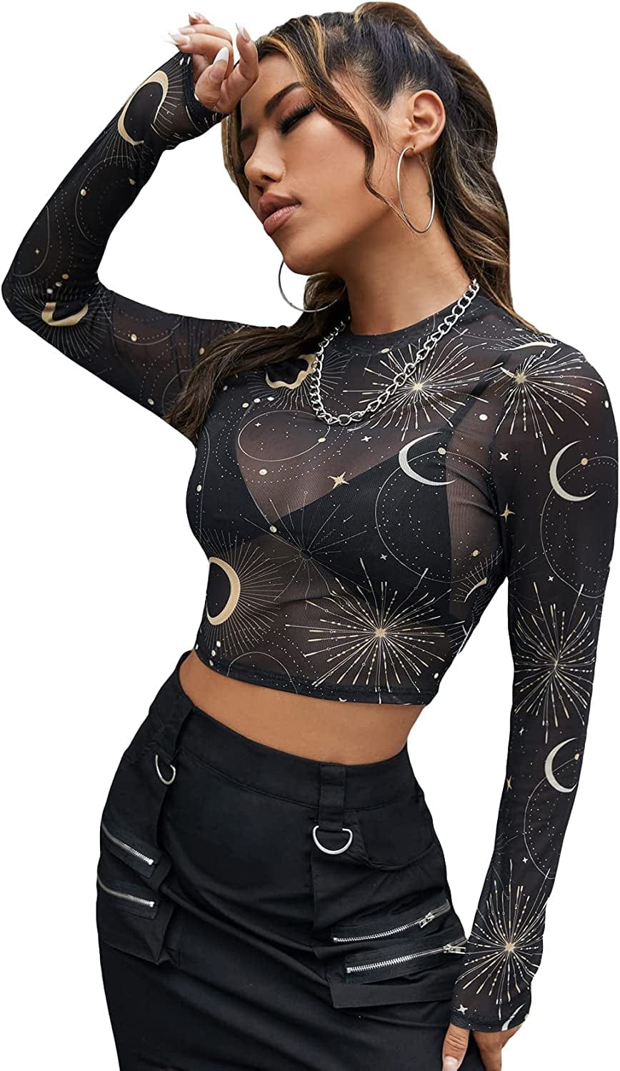 SOLY HUX Women'S See through Tops Floral Print Long Sleeve Tee Lettuce Trim Sexy Sheer Mesh Crop Top T Shirts Black Mesh / Small