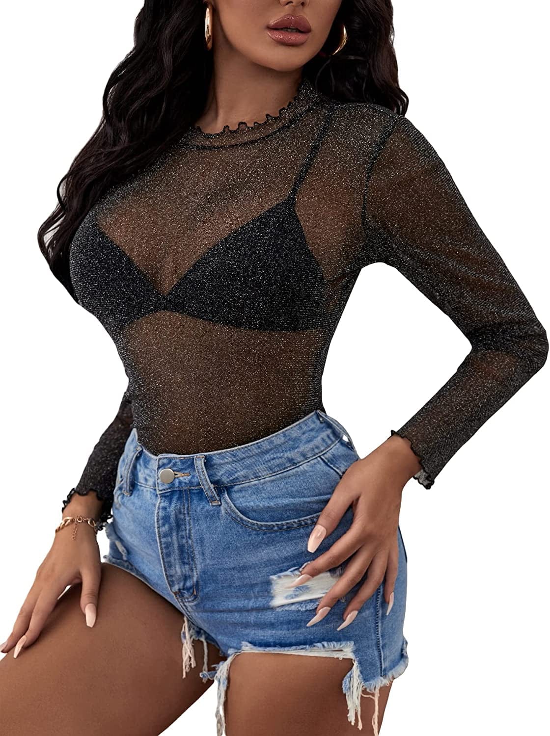 SOLY HUX Women'S See through Tops Floral Print Long Sleeve Tee Lettuce Trim Sexy Sheer Mesh Crop Top T Shirts Pure Plain Black / Small