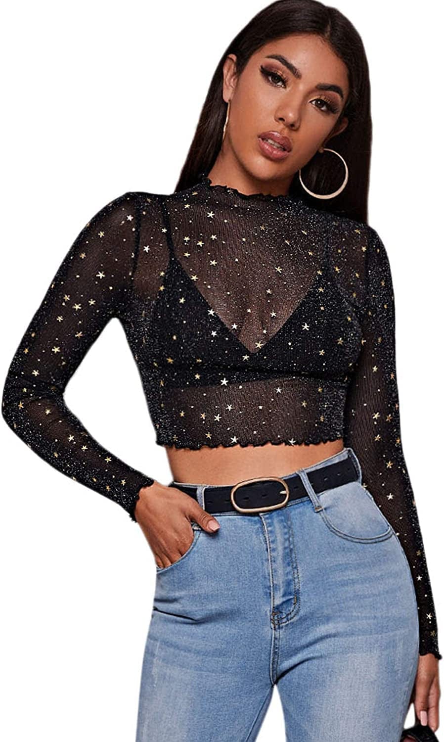 SOLY HUX Women'S See through Tops Floral Print Long Sleeve Tee Lettuce Trim Sexy Sheer Mesh Crop Top T Shirts Black Crop / X-Large