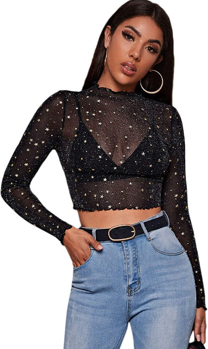 SOLY HUX Women'S See through Tops Floral Print Long Sleeve Tee Lettuce Trim Sexy Sheer Mesh Crop Top T Shirts Black Crop / X-Large
