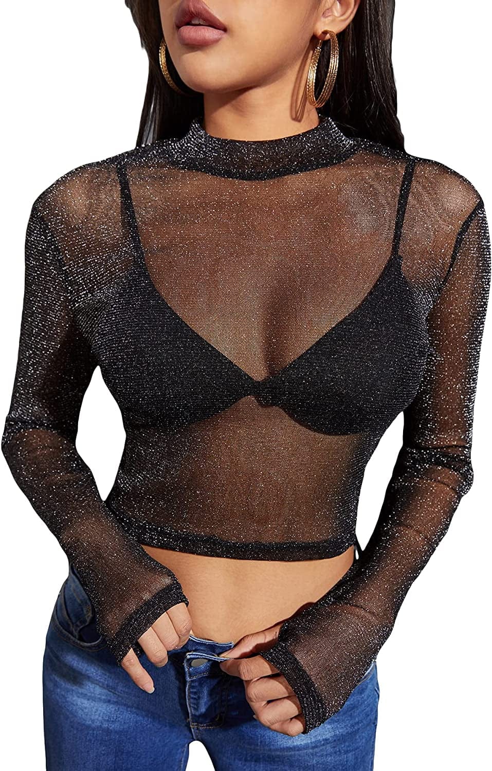 SOLY HUX Women'S See through Tops Floral Print Long Sleeve Tee Lettuce Trim Sexy Sheer Mesh Crop Top T Shirts Pure Black / X-Large
