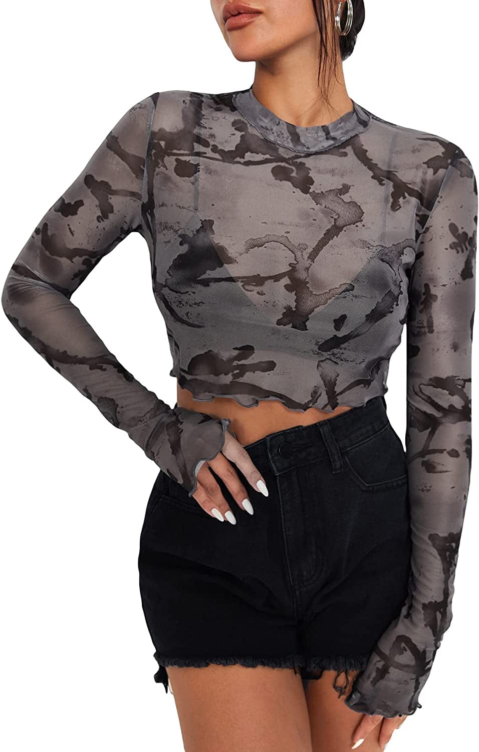SOLY HUX Women'S See through Tops Floral Print Long Sleeve Tee Lettuce Trim Sexy Sheer Mesh Crop Top T Shirts Black Tie Dye / Small