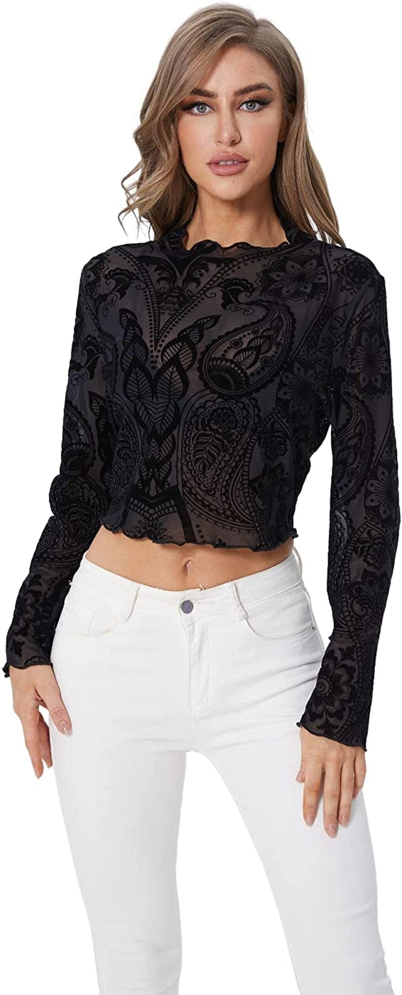 SOLY HUX Women'S See through Tops Floral Print Long Sleeve Tee Lettuce Trim Sexy Sheer Mesh Crop Top T Shirts Black Printed / XX-Large Plus