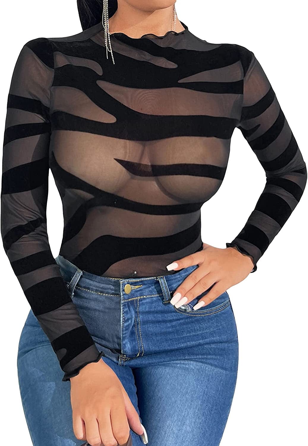 SOLY HUX Women'S See through Tops Floral Print Long Sleeve Tee Lettuce Trim Sexy Sheer Mesh Crop Top T Shirts Black Striped / Medium