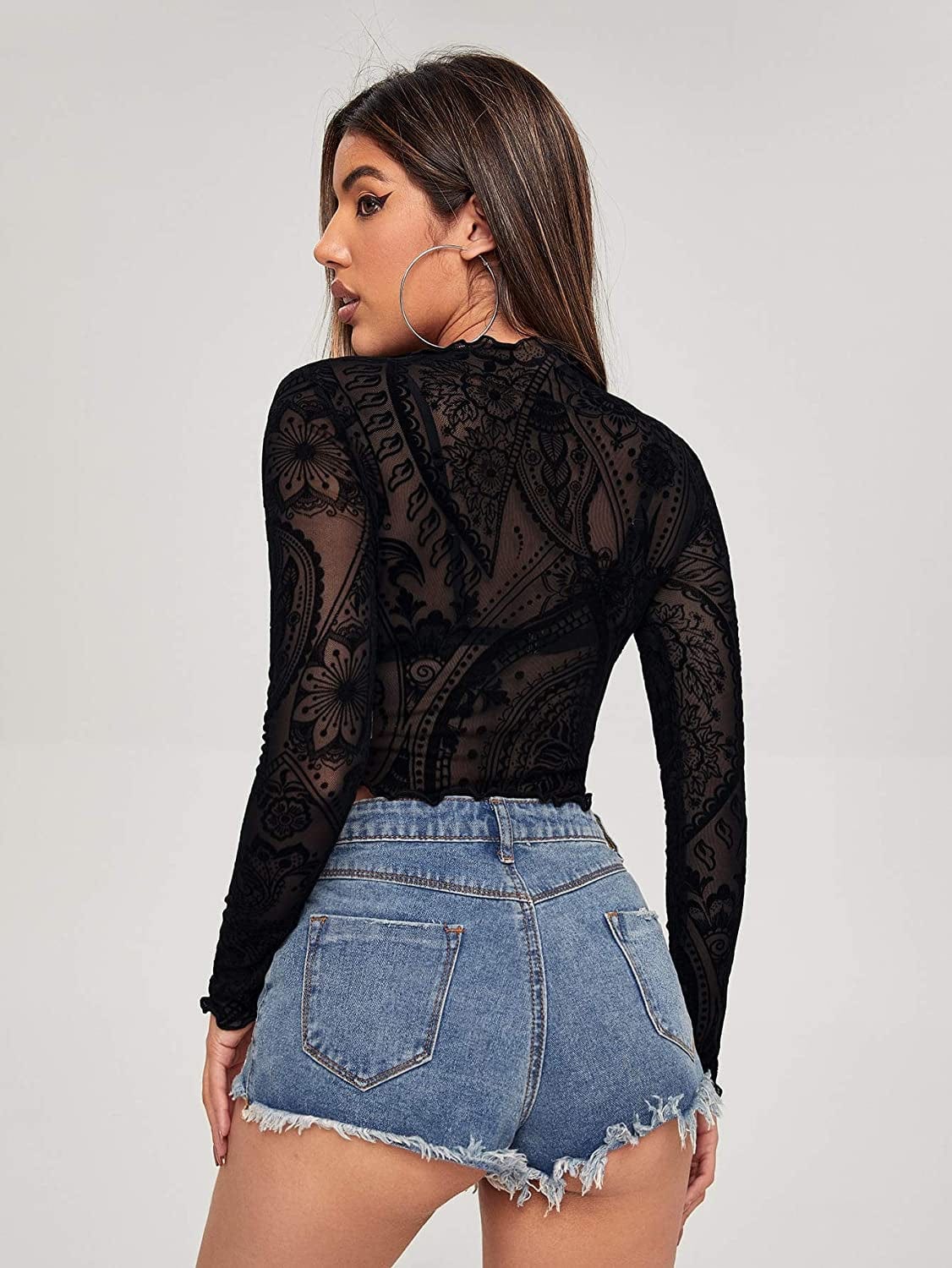SOLY HUX Women'S See through Tops Floral Print Long Sleeve Tee Lettuce Trim Sexy Sheer Mesh Crop Top T Shirts