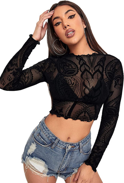 SOLY HUX Women'S See through Tops Floral Print Long Sleeve Tee Lettuce Trim Sexy Sheer Mesh Crop Top T Shirts Black / X-Large