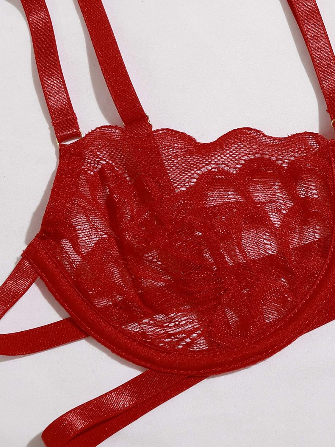 SOLY HUX Women'S Sexy Floral Lace Mesh Bra and Panty Garter Belt Scalloped Trim Lingerie Set Pure Red S
