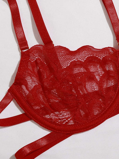 SOLY HUX Women'S Sexy Floral Lace Mesh Bra and Panty Garter Belt Scalloped Trim Lingerie Set Pure Red S