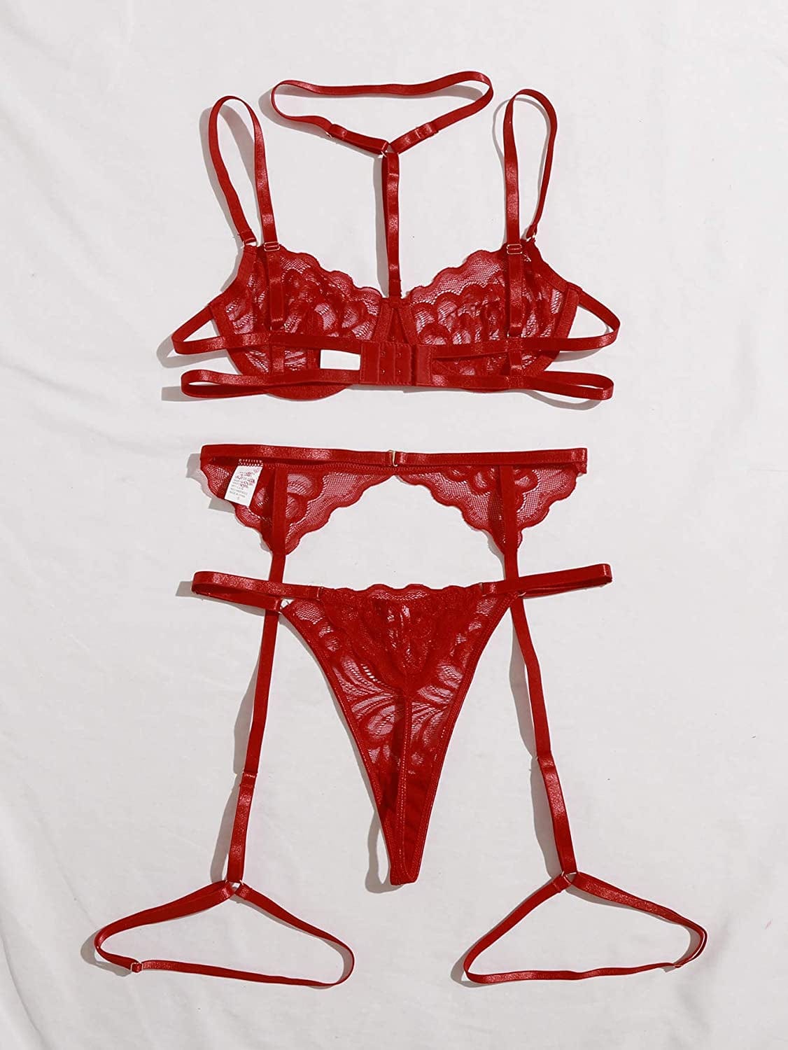 SOLY HUX Women'S Sexy Floral Lace Mesh Bra and Panty Garter Belt Scalloped Trim Lingerie Set Pure Red S