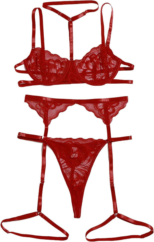 SOLY HUX Women'S Sexy Floral Lace Mesh Bra and Panty Garter Belt Scalloped Trim Lingerie Set Pure Red S