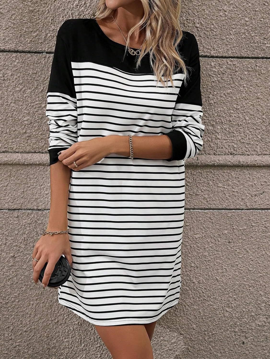 SOLY HUX Women'S Striped Print Straight Hem Tee Dress Long Sleeve Crew Neck Short Dresses