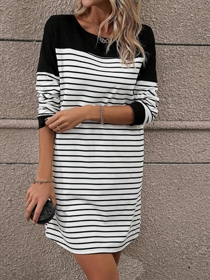 SOLY HUX Women'S Striped Print Straight Hem Tee Dress Long Sleeve Crew Neck Short Dresses