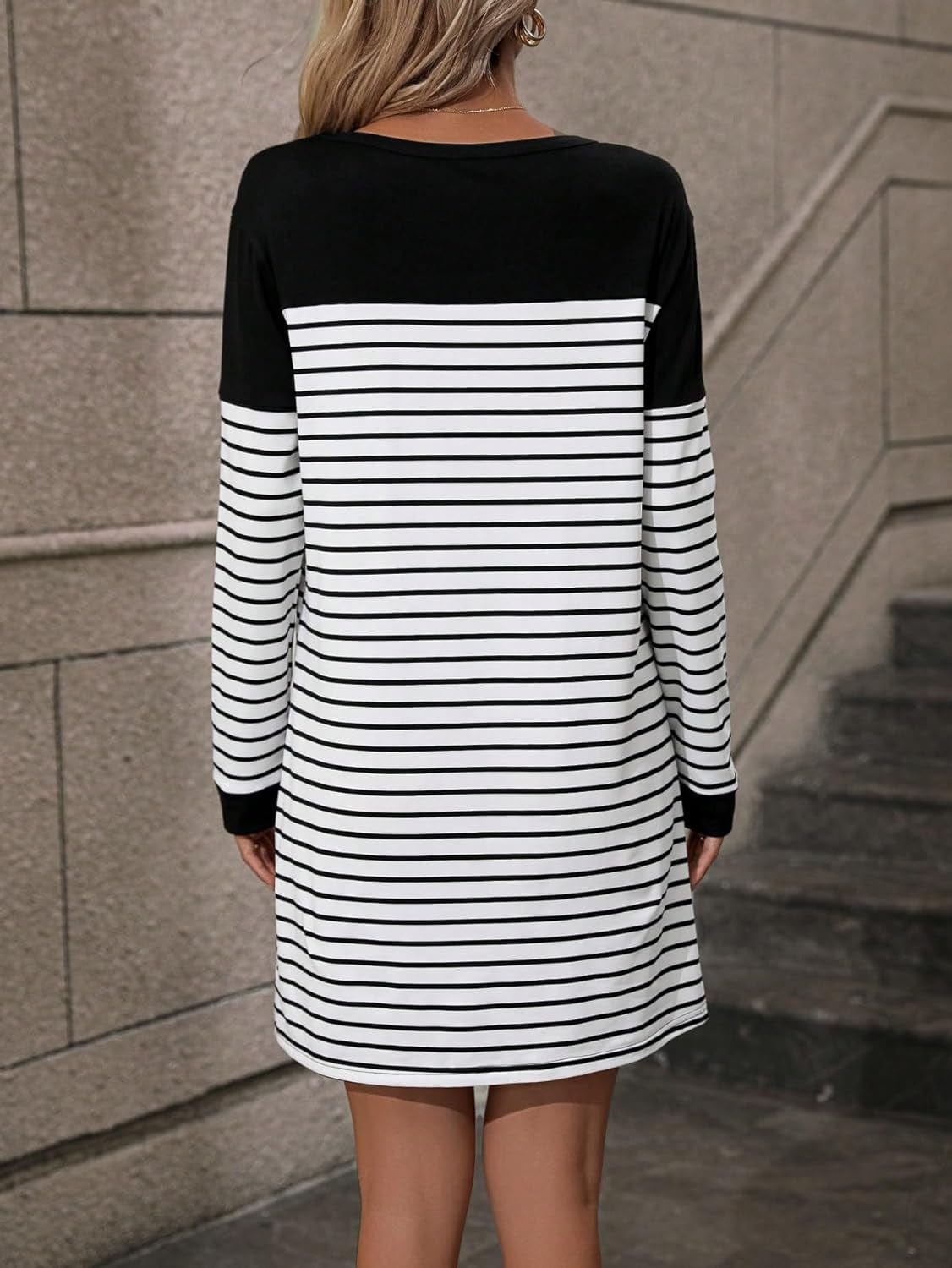 SOLY HUX Women'S Striped Print Straight Hem Tee Dress Long Sleeve Crew Neck Short Dresses