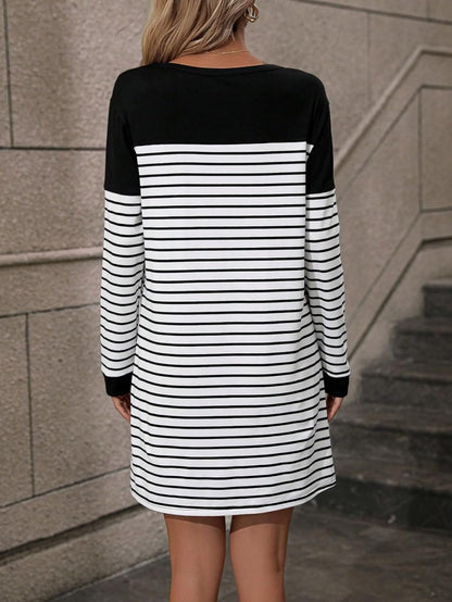 SOLY HUX Women'S Striped Print Straight Hem Tee Dress Long Sleeve Crew Neck Short Dresses