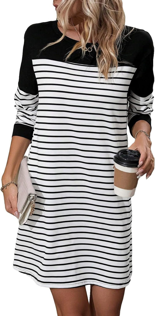 SOLY HUX Women'S Striped Print Straight Hem Tee Dress Long Sleeve Crew Neck Short Dresses