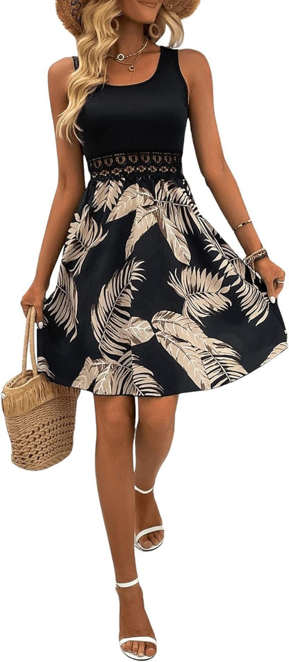 SOLY HUX Women'S Tropical Print Contrast Lace Summer Dress Scoop Neck Sleeveless a Line Short Dresses