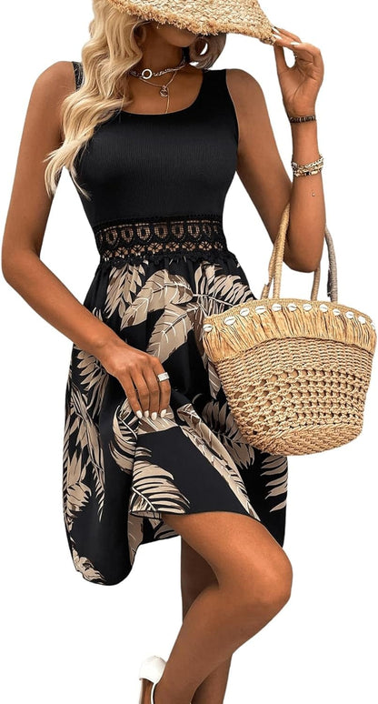 SOLY HUX Women'S Tropical Print Contrast Lace Summer Dress Scoop Neck Sleeveless a Line Short Dresses