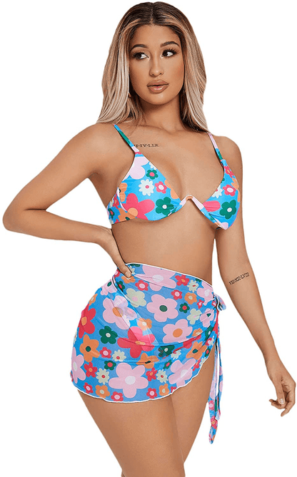 SOLY HUX Women's Wrap Triangle Bikini Bathing Suits with Mesh Beach Skirt 3 Piece Swimsuits Apparel & Accessories > Clothing > Swimwear KYLIE MAX Blue Floral Print Large 
