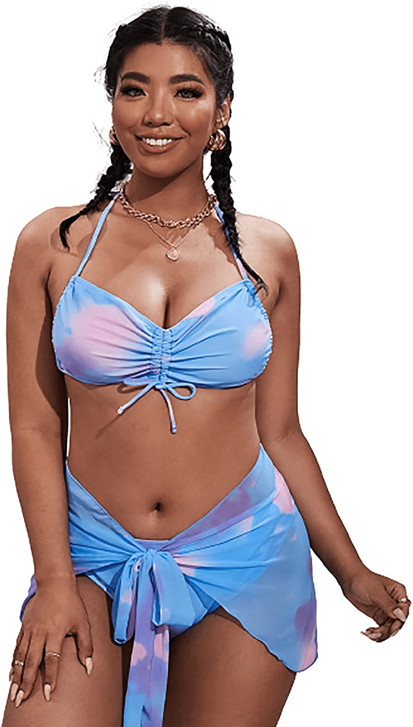 SOLY HUX Women's Wrap Triangle Bikini Bathing Suits with Mesh Beach Skirt 3 Piece Swimsuits Apparel & Accessories > Clothing > Swimwear KYLIE MAX Plus Size Blue 3X-Large Plus 