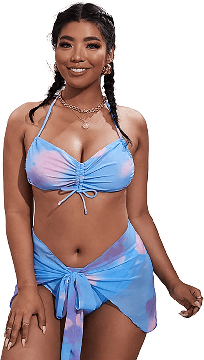 SOLY HUX Women's Wrap Triangle Bikini Bathing Suits with Mesh Beach Skirt 3 Piece Swimsuits Apparel & Accessories > Clothing > Swimwear KYLIE MAX Plus Size Blue 3X-Large Plus 