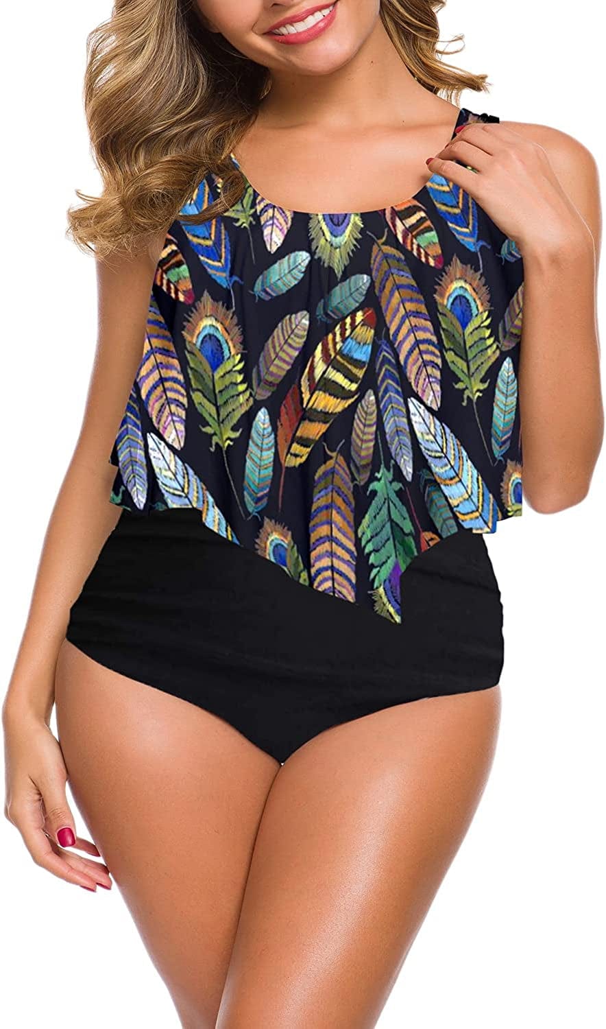 Souqfone Swimsuits for Women Two Piece Bathing Suits Ruffled Flounce Top High Waisted Bikini Set(Available in plus Size) 02peacock Feather / Small