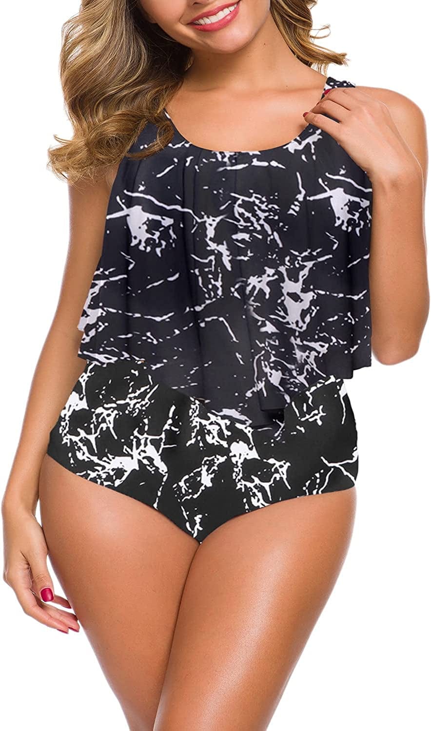 Souqfone Swimsuits for Women Two Piece Bathing Suits Ruffled Flounce Top High Waisted Bikini Set(Available in plus Size) 11black Marble / XX-Large