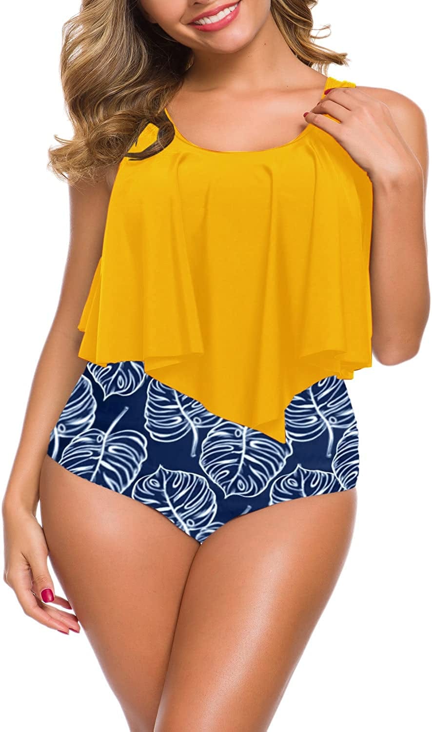 Souqfone Swimsuits for Women Two Piece Bathing Suits Ruffled Flounce Top High Waisted Bikini Set(Available in plus Size) 15yellow / XX-Large