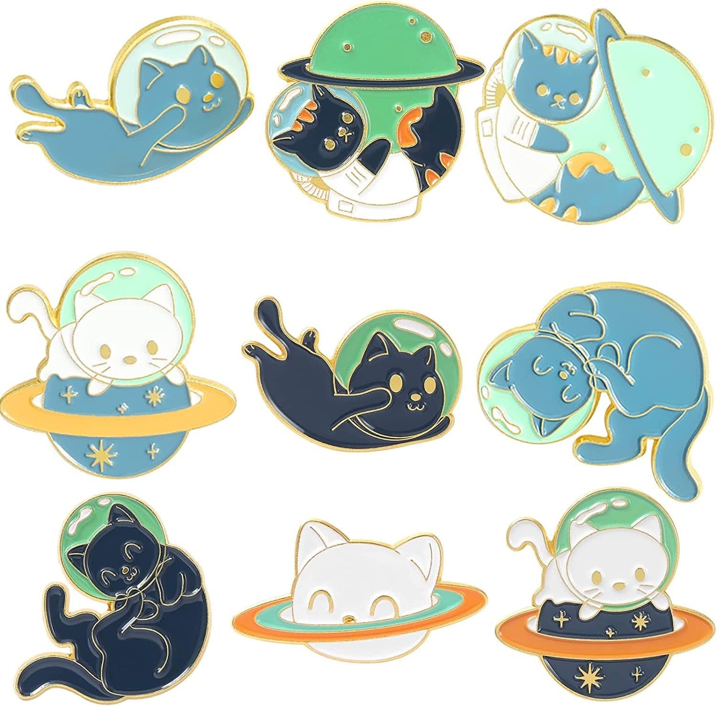 Space Cat Enamel Pins Set,Cute Animal Astronaut Lapel Pins for Women Girl Cartoon Planet Brooch Pin for Jackets Backpack Accessory Black Gray