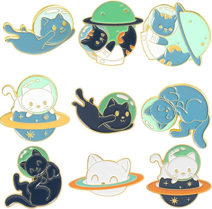 Space Cat Enamel Pins Set,Cute Animal Astronaut Lapel Pins for Women Girl Cartoon Planet Brooch Pin for Jackets Backpack Accessory Black Gray