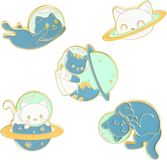 Space Cat Enamel Pins Set,Cute Animal Astronaut Lapel Pins for Women Girl Cartoon Planet Brooch Pin for Jackets Backpack Accessory light gray