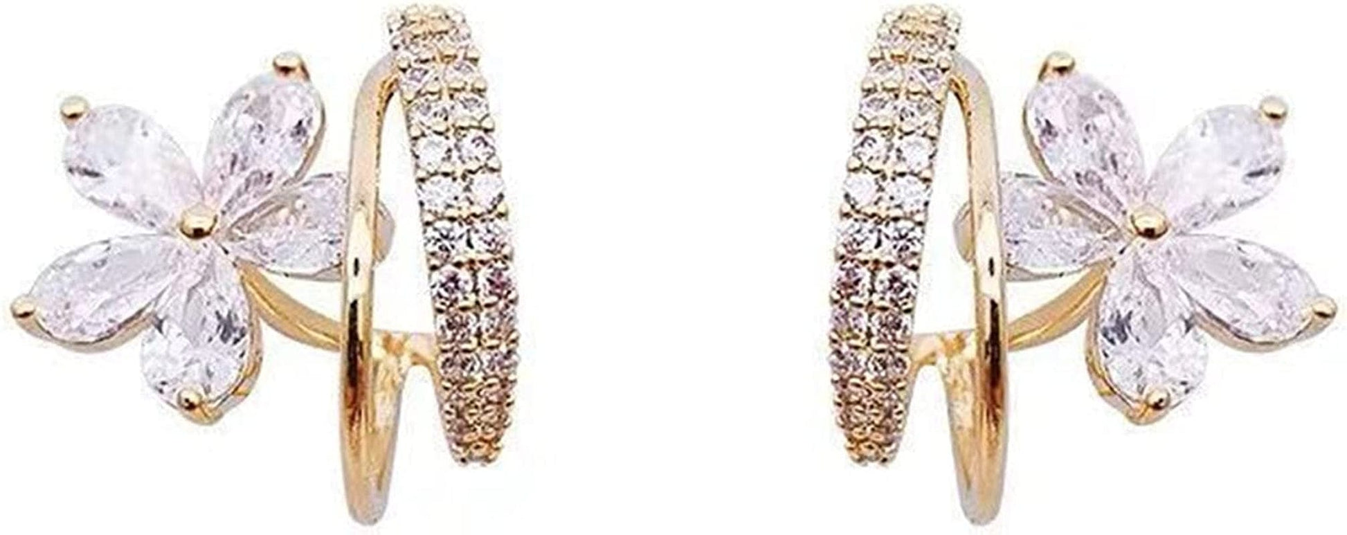 Sparkly Earrings for Women Dangle Korean Trendy Earrings Micro Encrusted with Diamonds Small C Ring Zircon Five Petal Flower Design Exquisite Earrings Silver Needles Little Earrings B / One Size