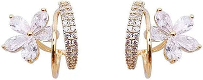 Sparkly Earrings for Women Dangle Korean Trendy Earrings Micro Encrusted with Diamonds Small C Ring Zircon Five Petal Flower Design Exquisite Earrings Silver Needles Little Earrings B / One Size
