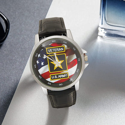 Special Design Military US Army Veteran and American Flag Custom Unisex Stainless Steel Leather Strap Watch Metal Case, Tempered Glass, Black Leather Band