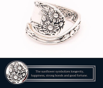 Spoon Rings Sterling Silver | Spoon Rings for Women | Sunflower Ring | Sunflower Rings for Women Adjustable Spoon Ring, Size 6-9