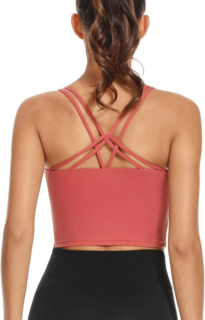 Sports Bra for Women Crop Tops Strappy Back Women Tank Tops Bulid in Bra Workout Light Support Yoga Bra Gym Coral / Medium