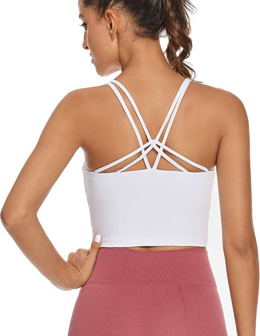 Sports Bra for Women Crop Tops Strappy Back Women Tank Tops Bulid in Bra Workout Light Support Yoga Bra Gym White / Medium
