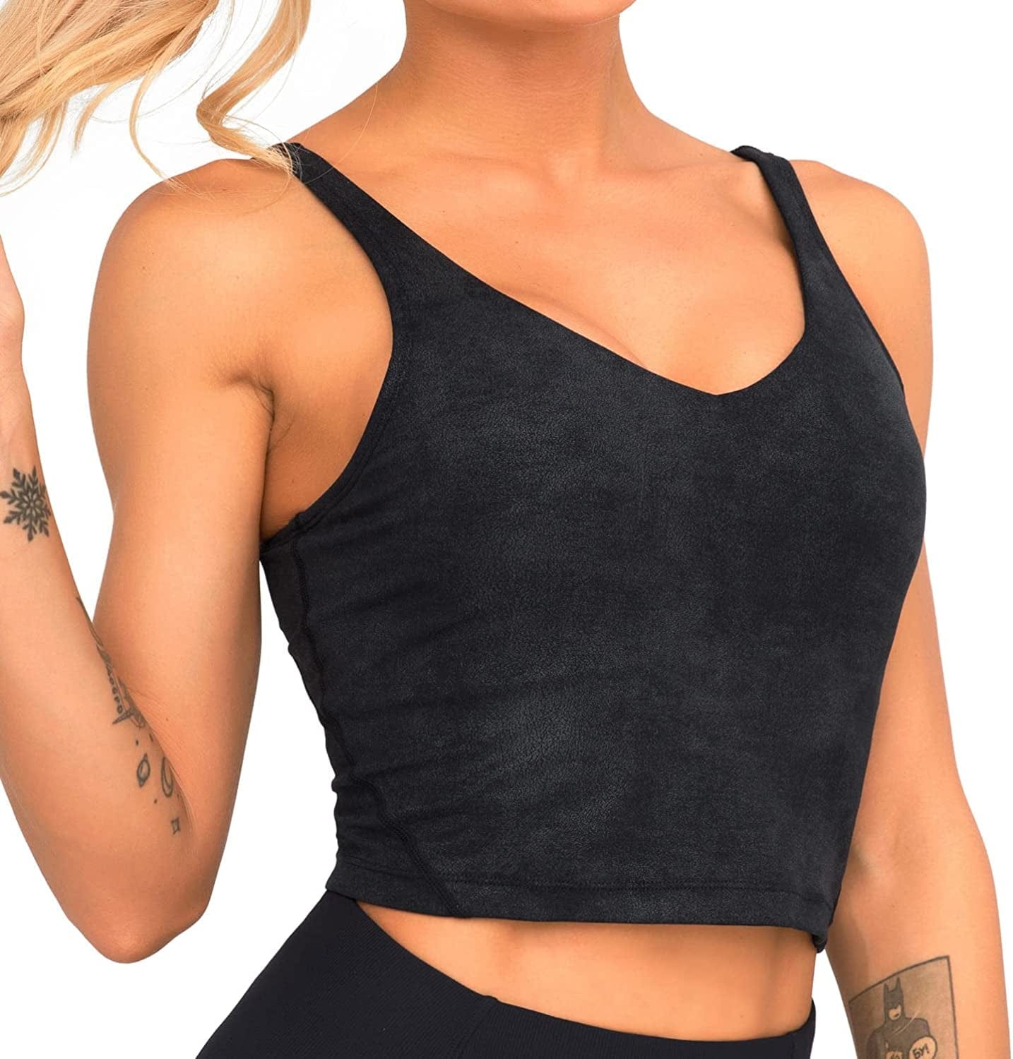 Sports Bra for Women Longline Padded Bra Yoga Crop Tank Tops Fitness Workout Running Top Faux Leather Coated / Medium