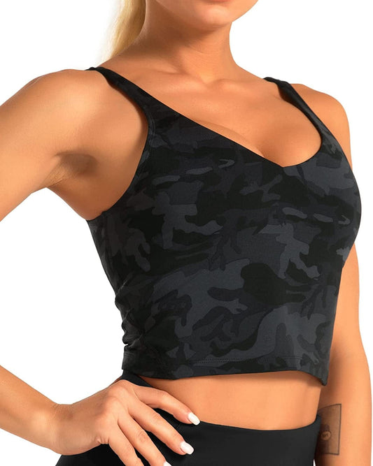 Sports Bra for Women Longline Padded Bra Yoga Crop Tank Tops Fitness Workout Running Top Black&grey Camo / Small