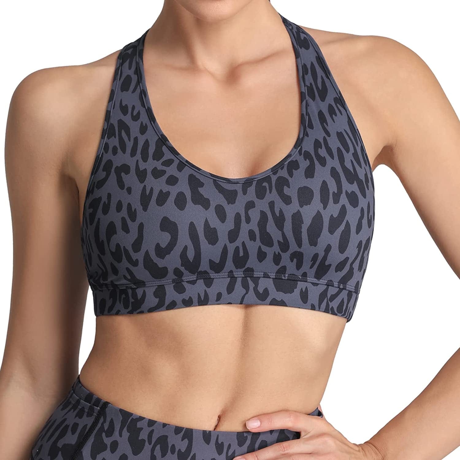 Sports Bra for Women with Removable Cups Workout Racerback Padded Sports Bras Medium Support A-C Cup Grey Leopard / X-Large