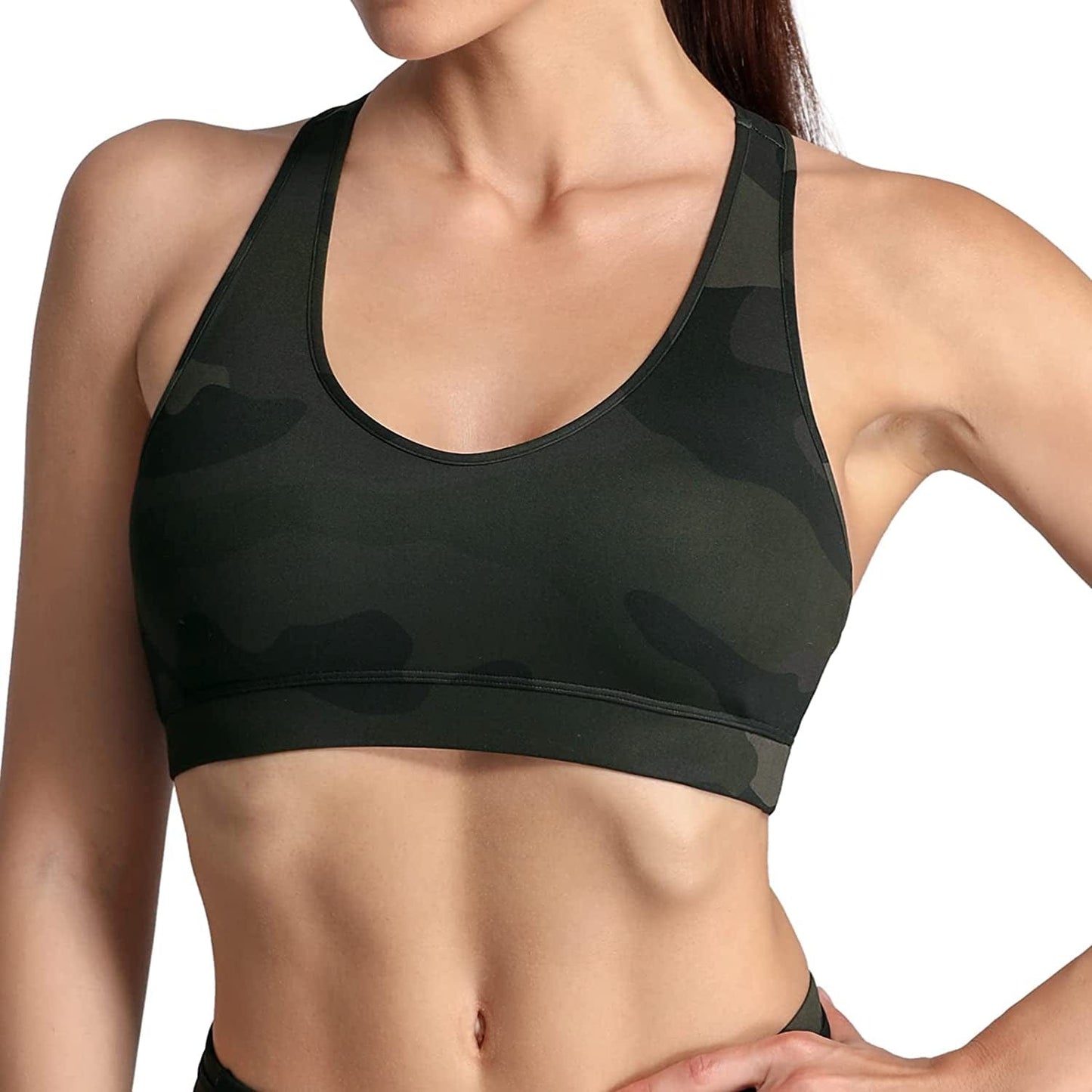 Sports Bra for Women with Removable Cups Workout Racerback Padded Sports Bras Medium Support A-C Cup Dark Green Camouflage / Medium
