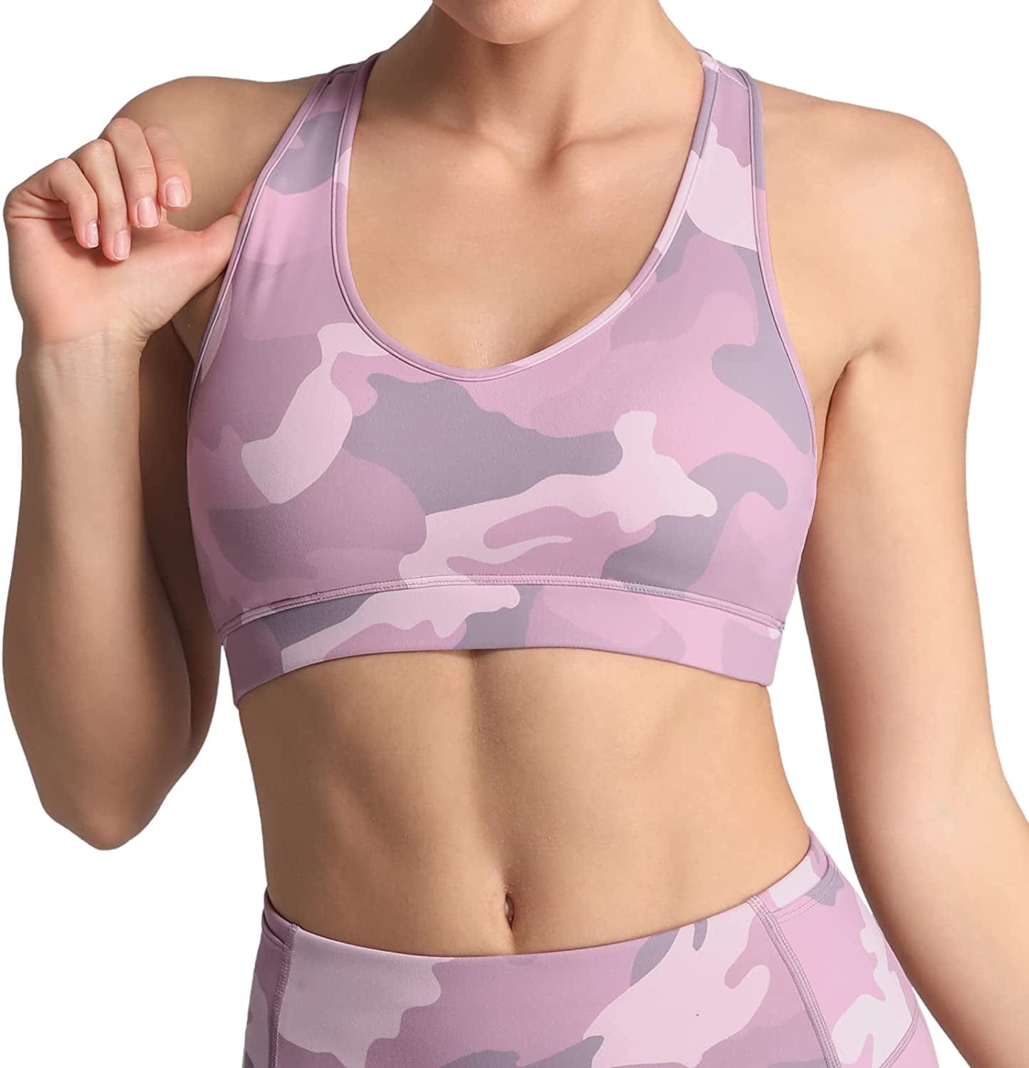 Sports Bra for Women with Removable Cups Workout Racerback Padded Sports Bras Medium Support A-C Cup Pink Camouflage / Small