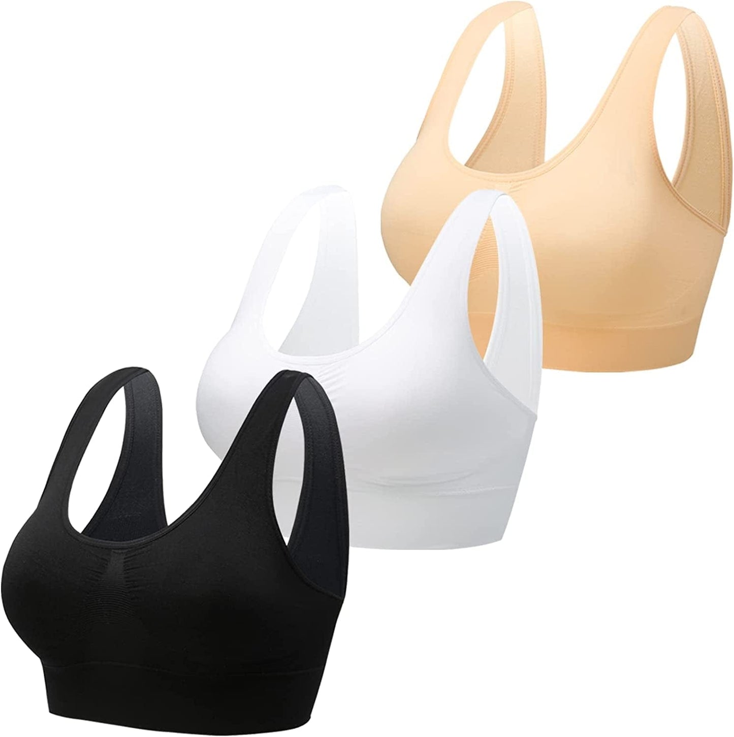 Sports Bras, Comfort Bras for Women, Seamless, Underwireless, Sleep Yoga Bras with Removable Pads 3 Pack(black/White/Nude） / Small