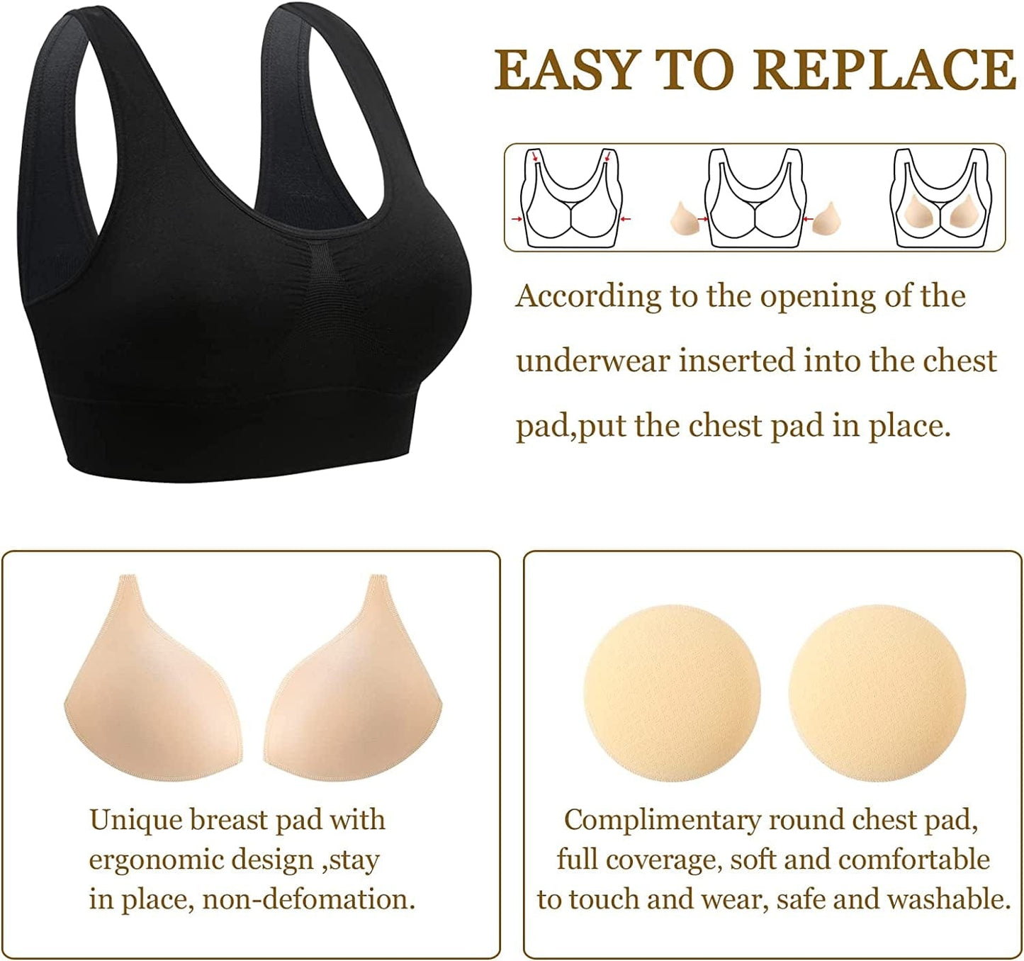 Sports Bras, Comfort Bras for Women, Seamless, Underwireless, Sleep Yoga Bras with Removable Pads