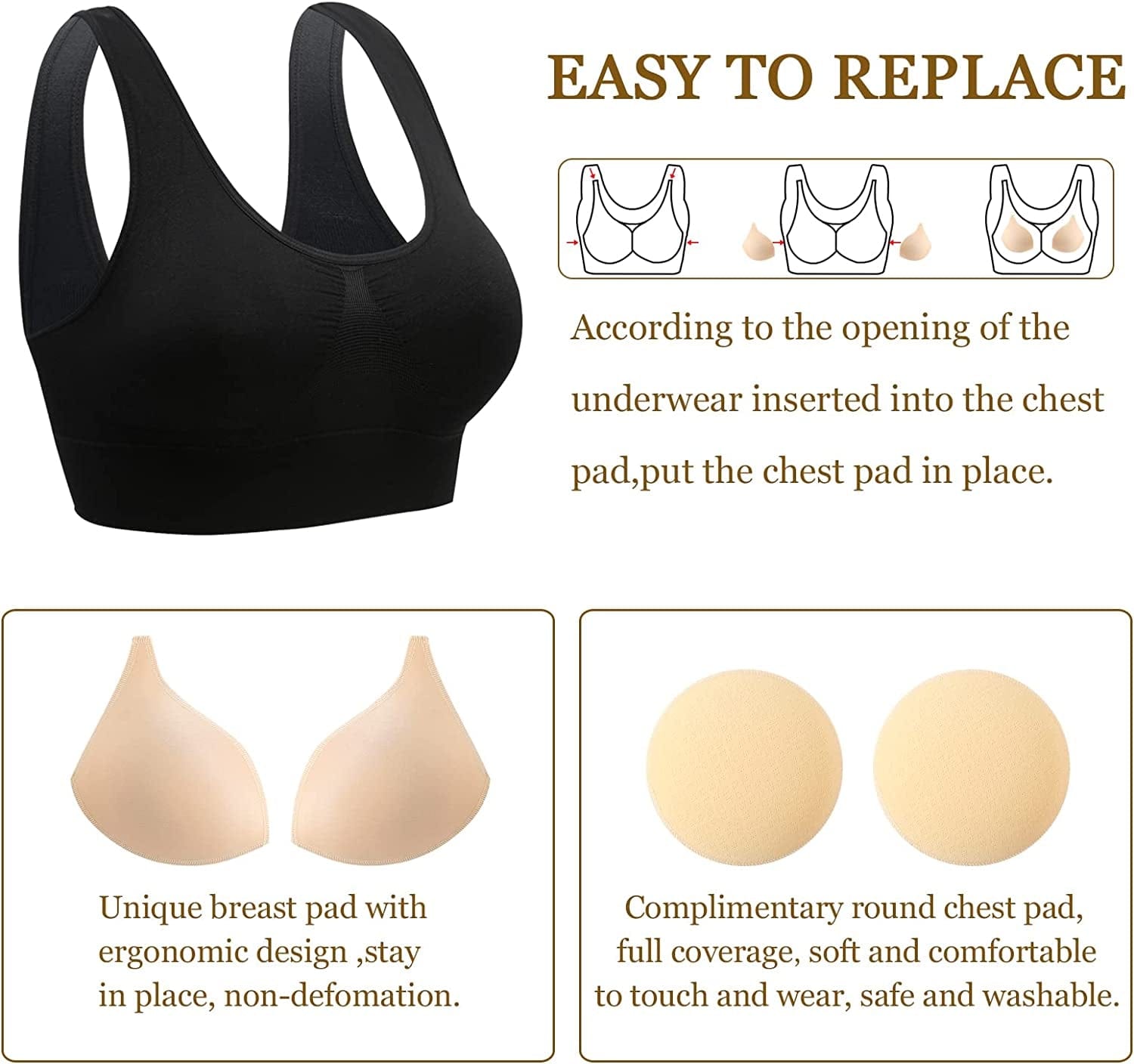 Sports Bras, Comfort Bras for Women, Seamless, Underwireless, Sleep Yoga Bras with Removable Pads