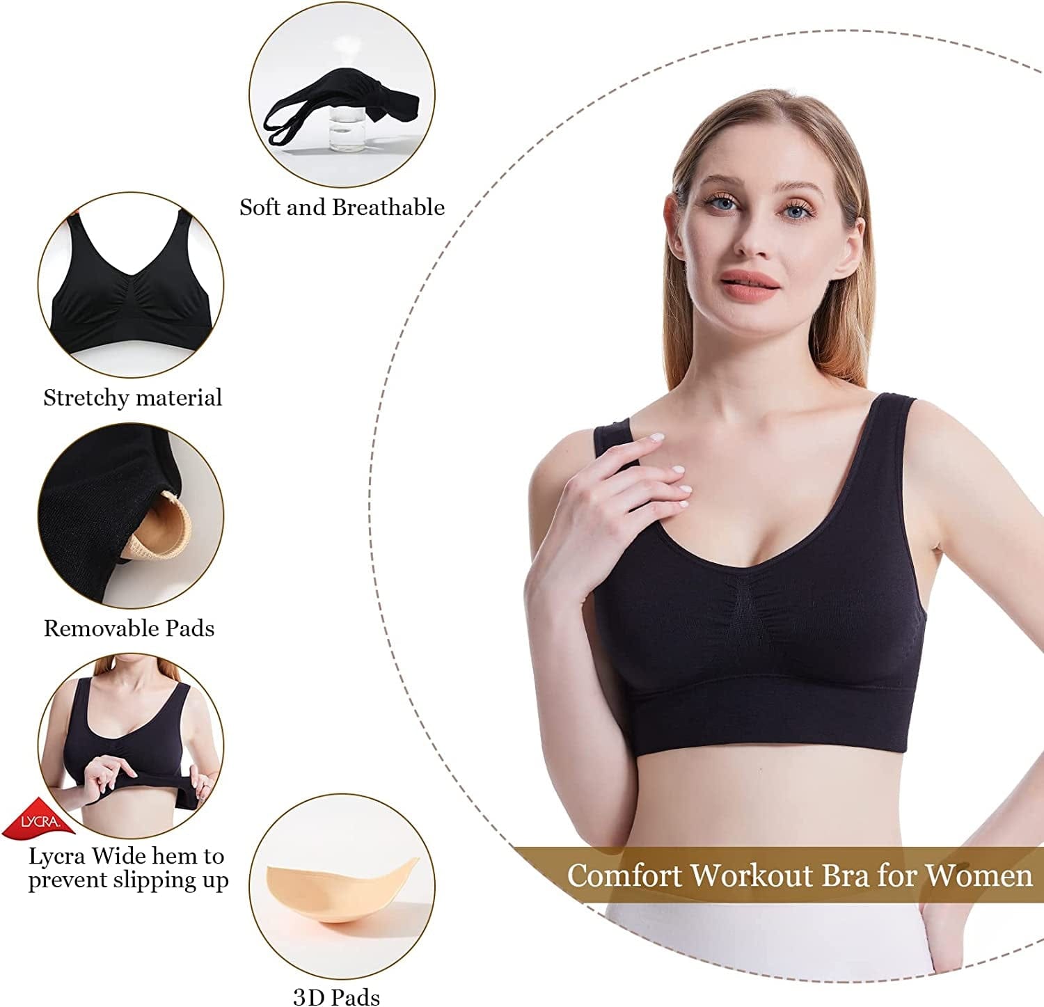 Sports Bras, Comfort Bras for Women, Seamless, Underwireless, Sleep Yoga Bras with Removable Pads