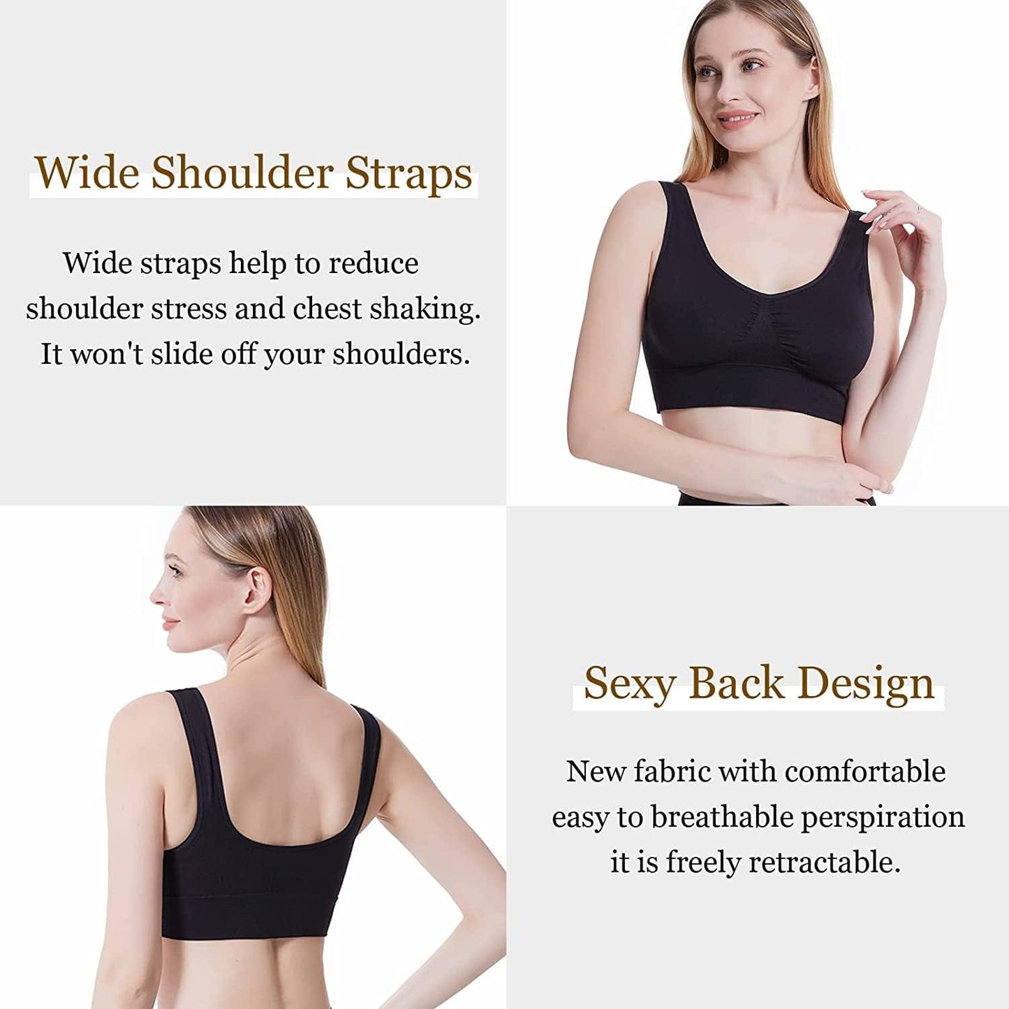 Sports Bras, Comfort Bras for Women, Seamless, Underwireless, Sleep Yoga Bras with Removable Pads